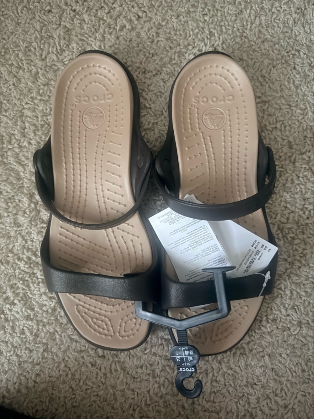CROCS Two-Strap Slides in Black and Tan